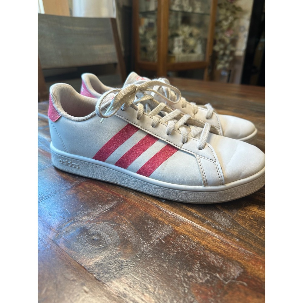 Adidas Grand Court Women's White Pink Glitter Stripe Sneakers Low Top Size 6